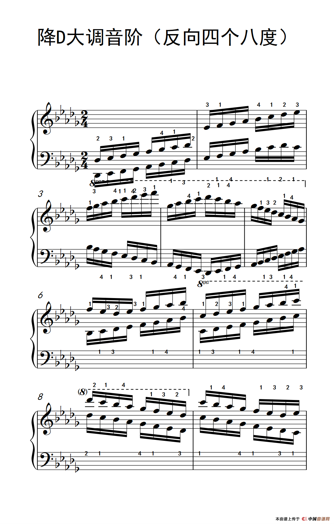 降d大调音阶(反向四个八度)(孩子们的钢琴音阶,和弦与琶音 2)图片