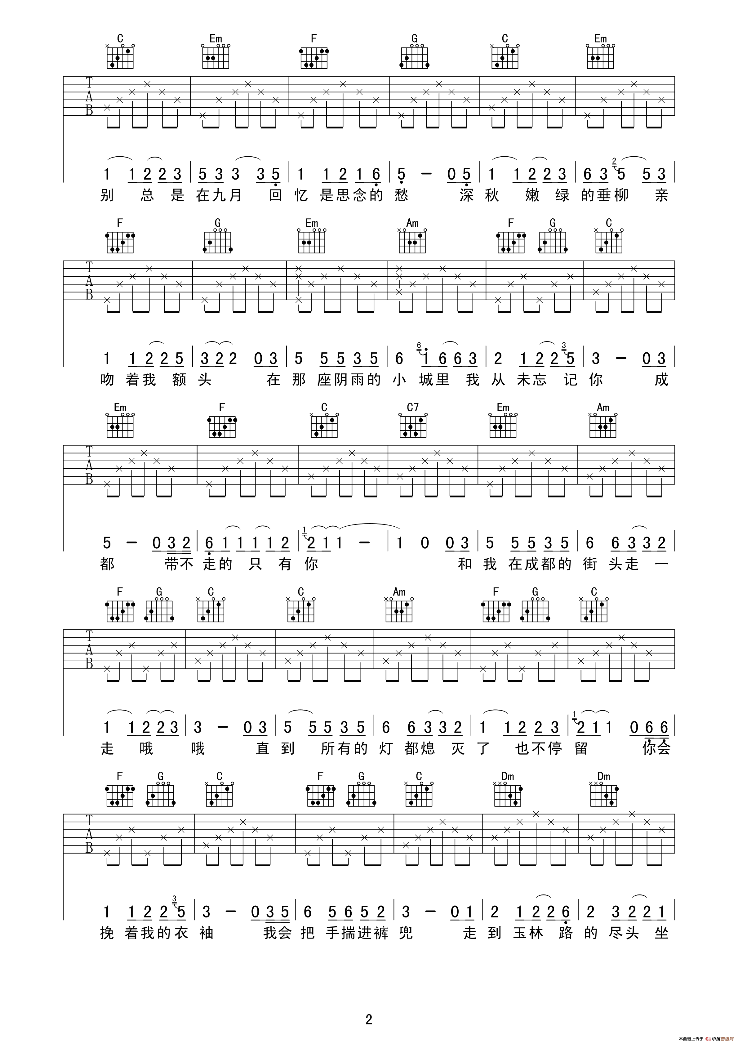 写给成都的歌吉他六线谱