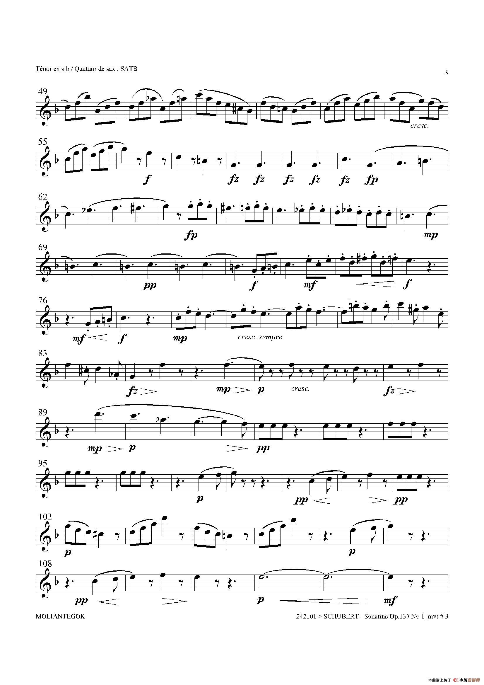 Sonatine Op.137 No 1（四重奏次中音萨克斯分谱）