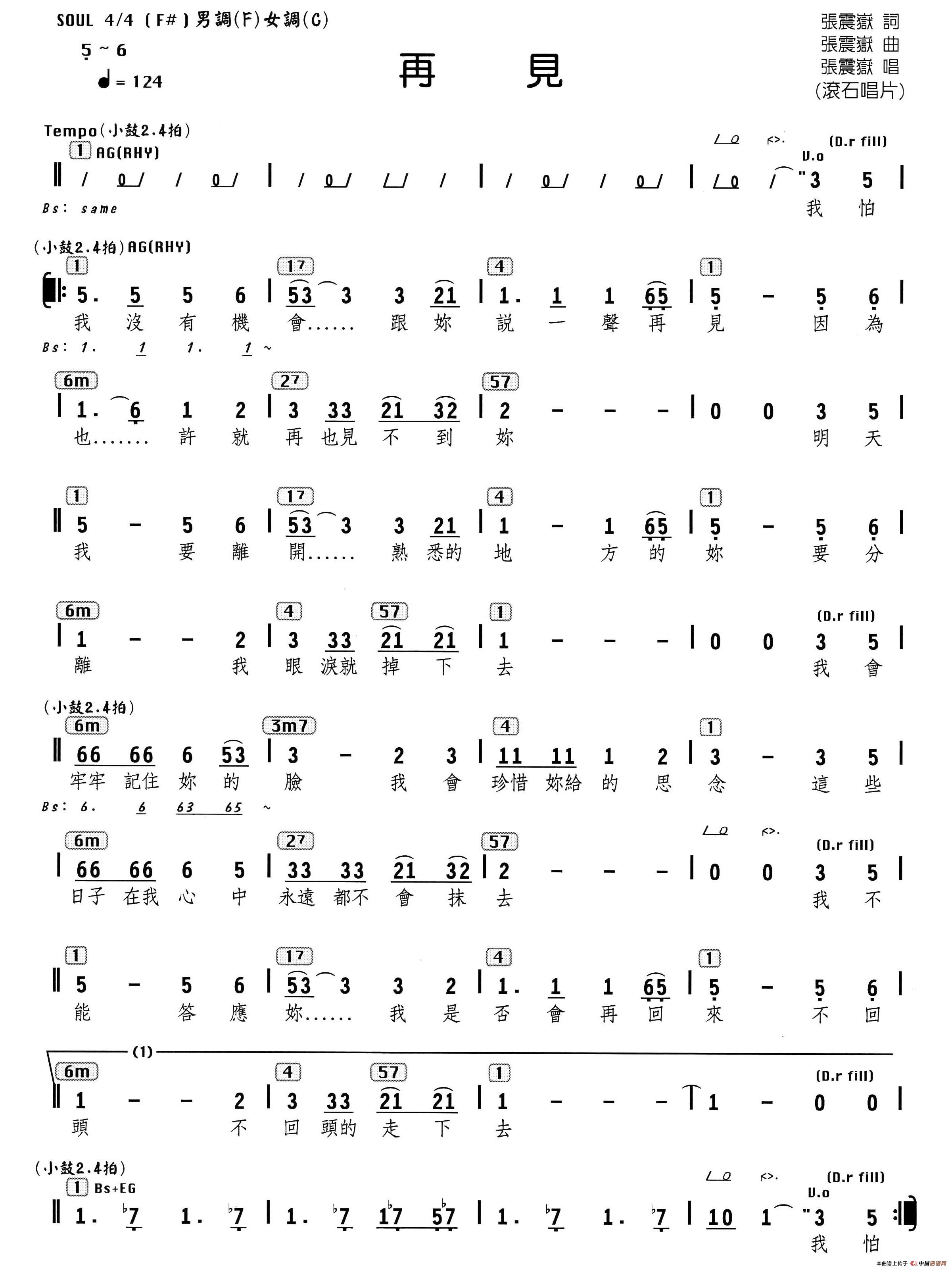 再见吉他谱_张震岳_C调弹唱53%单曲版 - 吉他世界