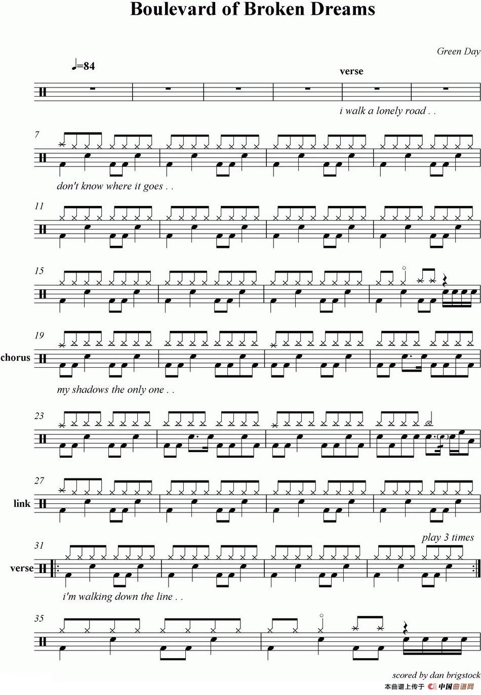 爵士鼓谱:Green Day - Boulevard of Broken Dreams(1)_原文件名:爵士鼓谱:Green Day - Boulevard of Broken Dreams-.jpg