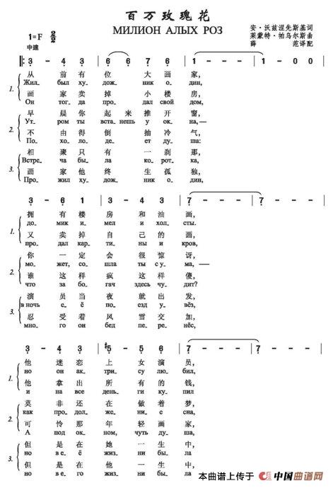 百万玫瑰花МИЛИОН АЛЫХ РОЗ(中俄简谱)(1)_原文件名:百万玫瑰花МИЛИОН АЛЫХ РОЗ-1.jpg