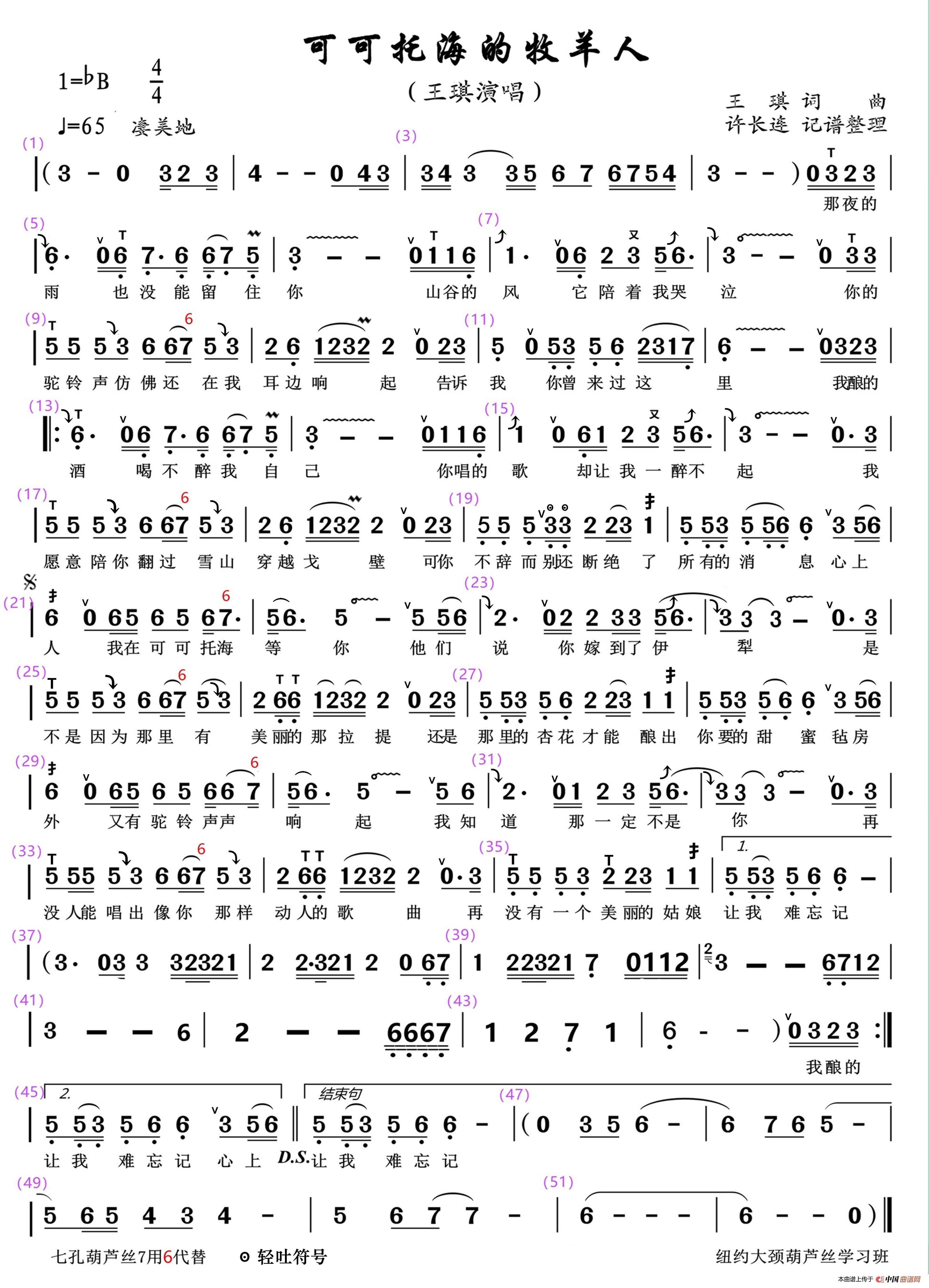 可可托海的牧羊人 (许长连记谱)(1)_原文件名:可可托海的牧羊人 王琪演唱 许长连记谱.jpg