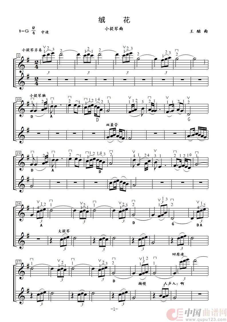 绒花(小提琴曲(简谱+五线谱))(1)_原文件名:绒花五线谱_1.jpg