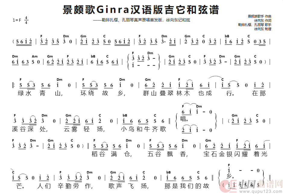 景颇歌Ginra(汉语版)吉它和弦谱(勒排扎樱、孔丽琴 真声原唱首发2026年6月20日)(1)_原文件名:景颇歌广场舞(汉语版吉它谱第1页).png